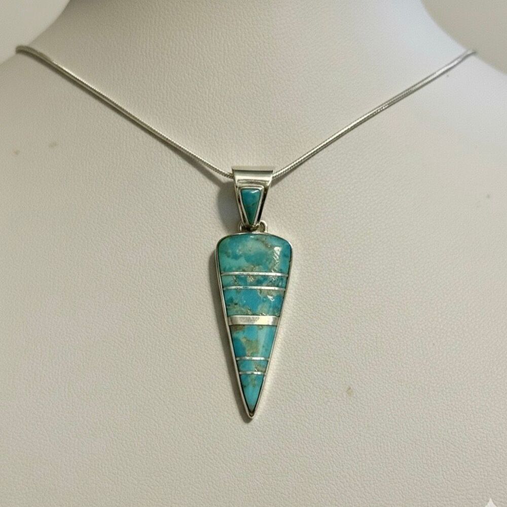 Southwestern Turquoise Sterling Silver Inlay Triangle Pendant Arrowhead Necklace